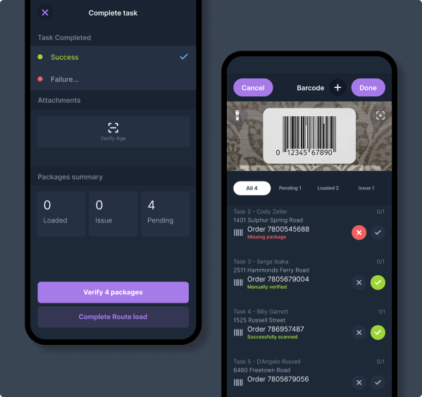 Driver app screens showing package verification and barcode scanning