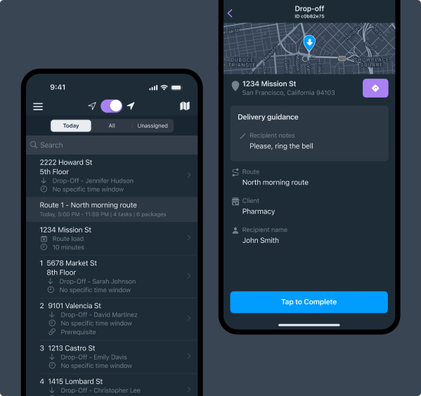 Driver app route list and drop-off detail screens