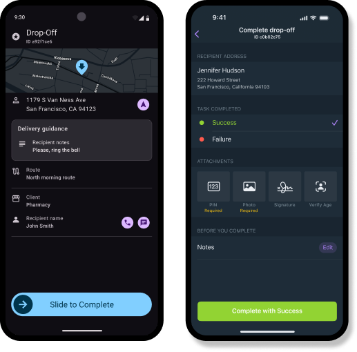 The Onfleet driver app showing a drop-off task and the complete drop-off screen