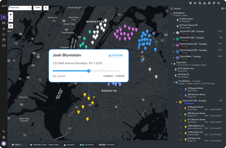The Onfleet dashboard showing live driver locations, routes, and task assignments